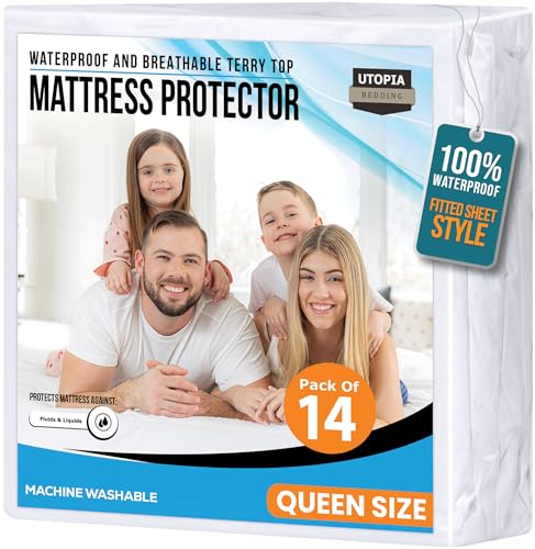 Image of Queen Size Mattress Protector Waterproof 14 Pack, Premium 200 GSM Terry Mattress Cover, Soft & Breathable Bed Cover, Fitted Sheet Style Stretchable Deep Pockets 17 inch by Utopia Bedding (White)