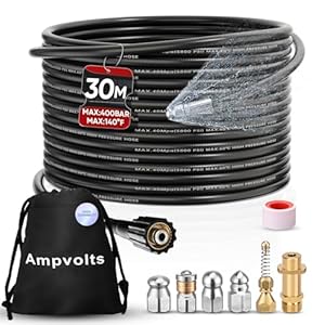 Ampvolts 30m Rohrreinigungsschlauch Set – 5800 PSI / 400 bar, inkl. 5 Düsen & GelbMessing-Adapter, kompatibel mit Karcher K2 K3 K4 K5 K6 K7, effektive Rohr- und Abflussreinigung
