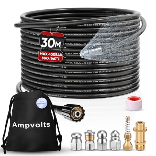 Ampvolts Manguera de Limpieza de Tuberías 30 m – 5800 PSI / 400 Bar, 5 Boquillas y Adaptador Latón Amarillo, Compatible con Karcher K2–K7, Limpieza Eficaz de Tuberías y Desagües