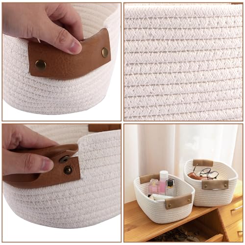 STARVAST 3 Stueck Baumwollseil Aufbewahrungskorb, weisser geflochtener Korb 28 x 22 x 11 cm mit braunem Ledergriff, kleiner Korb zur Aufbewahrung fuer Regal, Tisch und Kommode – Bild 5