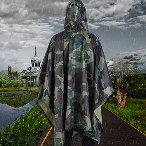Rain Poncho, Outdoor Lightweight Hooded Ripstop Rain Cape Rain Jacket Military Raincoat Reusable Rain Wear for Camping Hiking Fishing Hunting Sports Events3