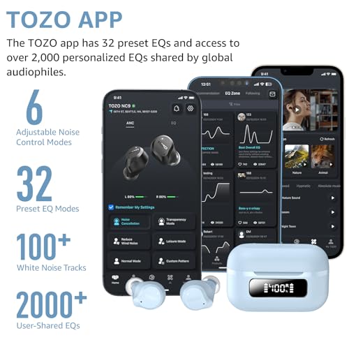Image of TOZO NC9 Hybrid Active Noise Cancelling Wireless Earbuds, 6 Mics ENC Clear Call, IPX8 Waterproof, in Ear Bluetooth 5.3 Headphones Stereo Bass Ear Buds 60H Playtime with LED Display 32 EQs via APP