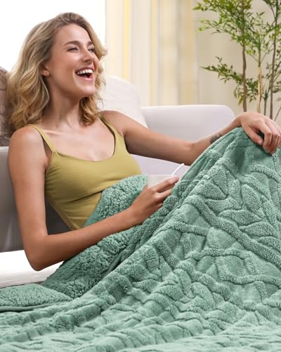 Image of Cottonblue Jacquard Weighted Blanket 15 lbs for Adults Queen Size, Ultra Soft Sherpa Fleece Blanket for Relax and Sleep, Cozy Comfort Heavy Bed Blankets with Glass Beads, 60x80 Inches, Sage Green