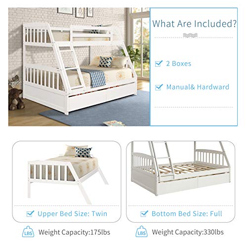 Merax Solid Wood Twin Over Full Bunk Bed with Two Storage Drawers and Removable Ladder, White