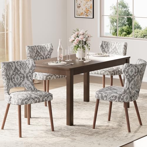 Image of Wooden Dining Chairs Set of 4, Farmhouse Dining Room Chairs with Solid Wood Legs, Mid Century Fabric Kitchen Chairs, Upholstered Chair for Restaurant & Cafe- Jacquard