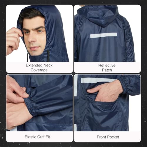 Image of Amazon Brand - Symactive Men Polyester Raincoat | Jacket with Pants | Hooded | Water Resistant | with Storage Bag | Blue | Medium