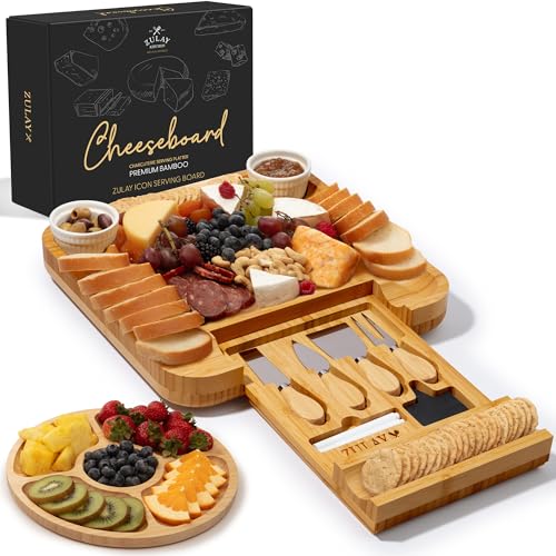 Image of Zulay Kitchen Premium Bamboo Charcuterie Board - Extra Thick Bamboo Board with 4 Piece Knife Set - Perfect for Charcuterie, Wine and Cheese