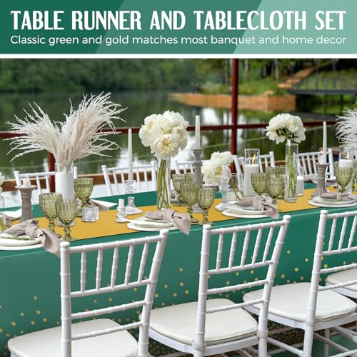 Image of Breling 24 Pack Green and Gold Disposable Plastic Tablecloths and Satin Table Runner Set, 54 x 108 Inch Tablecloth, 12 x 108 Inch Table Runners for Wedding Graduation Birthday Baby Shower New Year