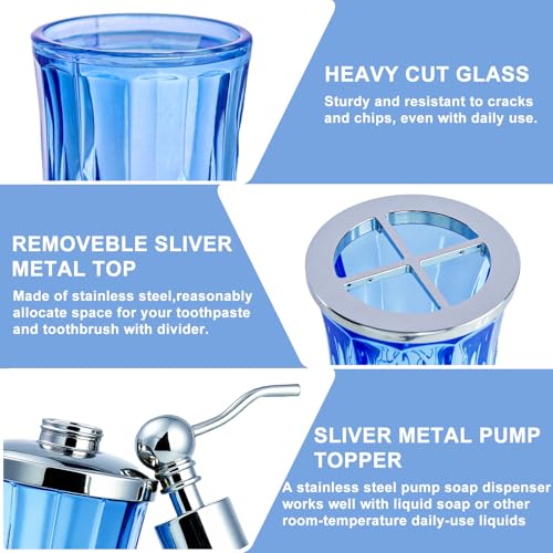 Bathroom Accessories Set,5 Pcs Blue Glass Bathroom Accessory Set,Complete Lotion Soap Dispenser,Toothbrush Holder,Soap Dish,Tumbler & Jar,Modern Bathroom Decor Sets,Gift for Home Apartment,Round - Image 5