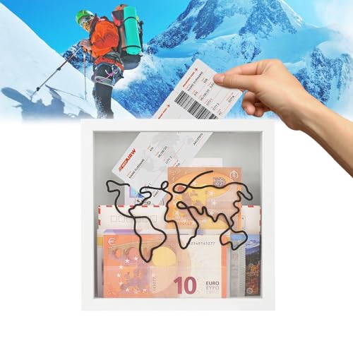 JJWNMLL Adventure Archive Box- Black Memory Box-Wood Frame Travel Tickets keepsake box-with World Map Travel Ticket Holiday Keepsakes Storage Box (White, 20*20 cm)