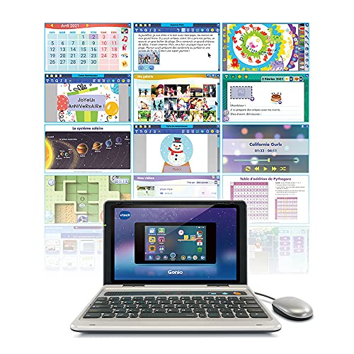 VTech - Genio, Mon Premier Vrai Ordi Gris Métal, Ordinateur Enfant avec Écran Couleur 5 Pouces, Souris, 50 Activités et Jeux Éducatifs, Cadeau Enfant de 5 Ans à 12 Ans - Contenu en Français