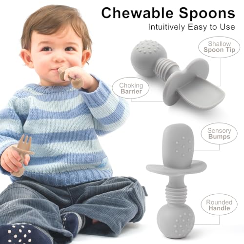 Image of Eascrozn Silicone Baby Feeding Set, 2 Pack Divided Baby Plates with Suction, 2 Pack Spoons and Forks Set, BPA Free, Baby Led Weaning Supplies for Toddler Utensils Baby Feeding Essentials