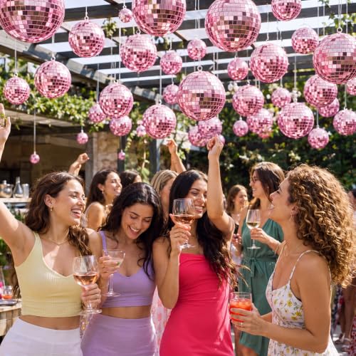 Image of MTLEE 20 Pcs Disco Ball Decor, Pink, 2.4, 2, 1.6, 1.2 Inch | Mirror Balls Ornaments for Weddings, Halloween DIY Bubbling Cauldron, Festivals, Outdoor Events,Hanging with Rope
