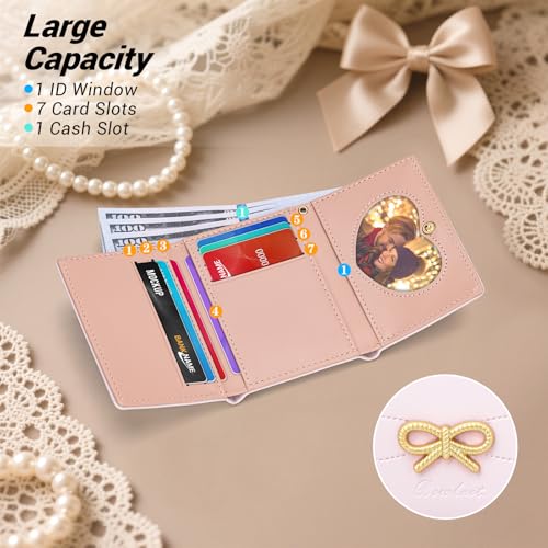 YINHEXI Wallet for Women, Cute Coquette Bow Wallet, Small RFID Blocking Wallet with Keychian Trifold PU Leather Card Holder with ID Window & Aesthetic Design (Tri-fold, Bow Pink)3