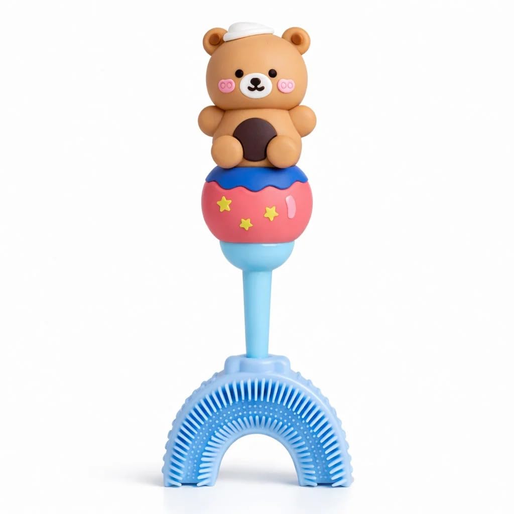 Baby U Shaped Silicone Manual Tooth Brush, Soft & Elastic Bristles, Complete 360 Degree Dental Cleaning, Specially Designed For Toddlers & Children, Food Grade Soft Silicone Brush Head - U Shape Toothbrush (Brown Teddy With Blue Handle)-image-16