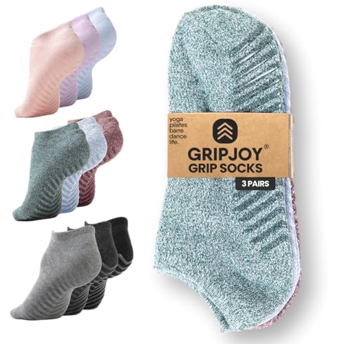 Gripjoy Grip-Socken, 3er-Pack, rutschfeste Socken für Yoga, Pilates, Barre, Tanz, Heather Green Mix, Large