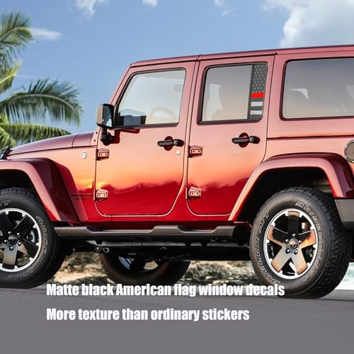 Image of Fits Jeep Wrangler JL 2018-2023 Gladiator 2020-2023 Side Small Window American US Flag Vinyl Decal Matte Black Red Thin Line