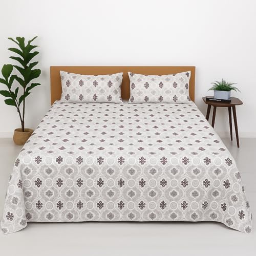 Image of Double Bedsheet - Kalakriti Print, 90 x 100 Inch Brushed Microfiber Flat Sheet with Pillow Covers - Soft, Cooling & Wrinkle Resistant