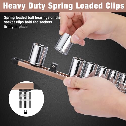 Image of WORKPRO Magnetic Socket Organizer, Heavy Duty 1 /2-Inch Drive Socket Rail | Aluminum Alloy, 10 Pieces Clips, Rotatable & Movable Clips, Efficient Organization
