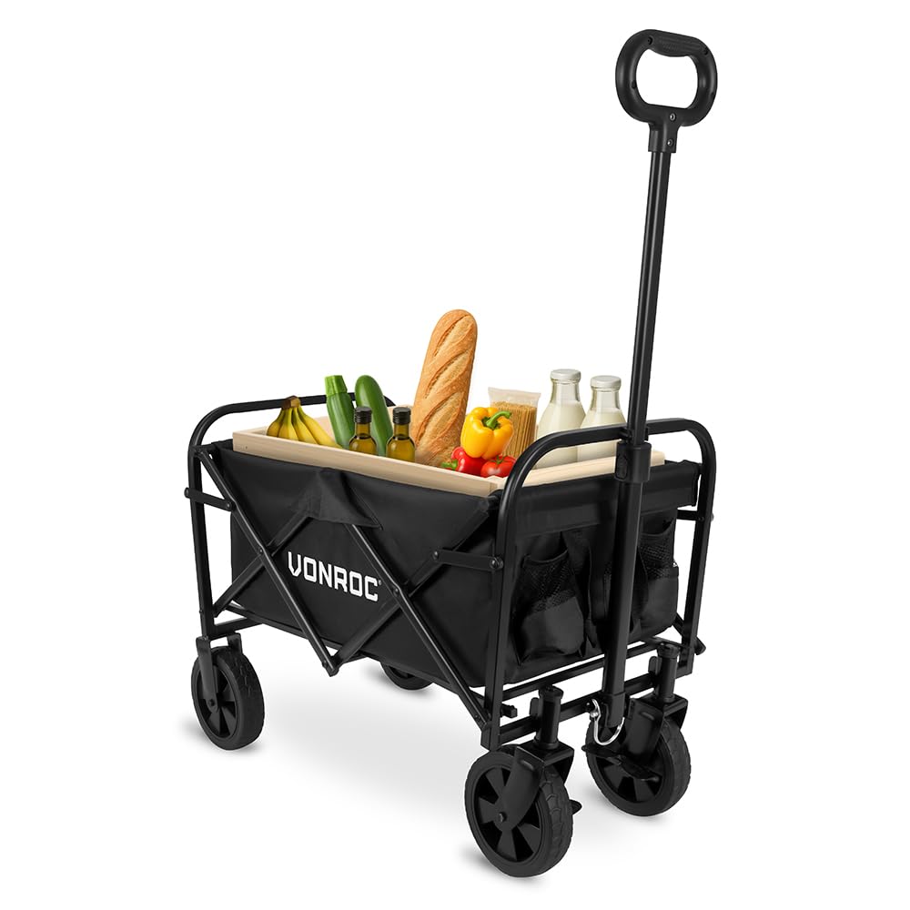 VONROC Faltbarer Bollerwagen für Garten und Strand – kompakt, 60 kg Tragkraft, 50 l Fassungsvermögen – pannensichere Räder, Stahlrahmen, zusammenklappbar mit Tasche, schwarz