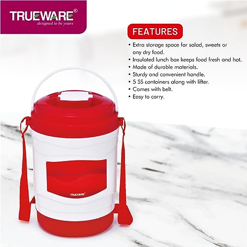 Image of Trueware Marina 5 Lunch Box with 5 Steel Container, 300 ml X 5 Red | PU Insulated | Tiffin | Hot Lunch Box | Leak Proof | Easy to Carry | Food Grade | BPA Free | Office | Outdoors | for Men Women