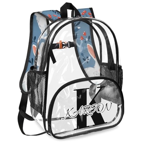 Personalized Small Clear Backpack Stadium Approved Heavy Duty PVC Plastic Custom Cute Bunny Transparent Backpacks See Through Bag with Name, Rabbit2