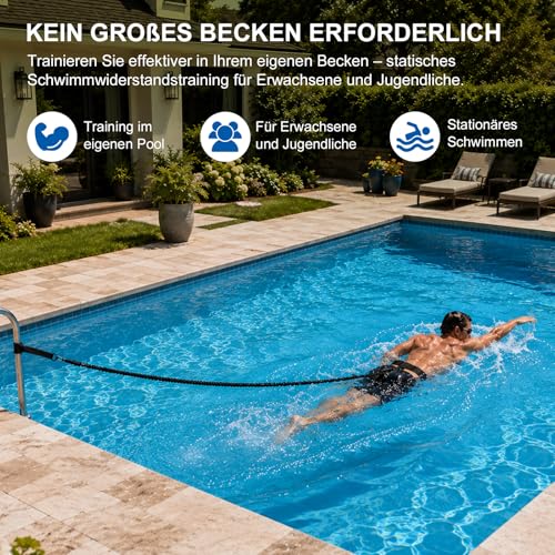 Schwimmgurt für Pool, Schwimmhilfe Erwachsene Pool, Schwimmgurt Pool Erwachsene, Schwimmwiderstand Gürtel mit 2,5-7,5M Einstellbare Schwimmseil für Jedes Schwimmbad Ohne Gegenstromanlage