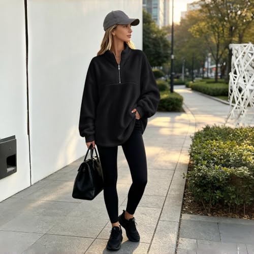 Black Women Quarter Zip Pullover Fleece Oversized Half Zip Sweatshirt - image 6