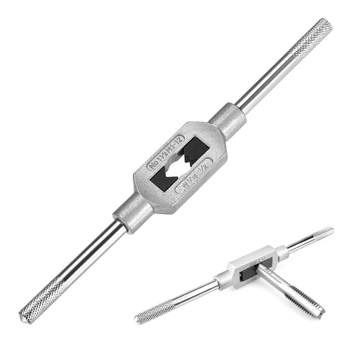 QianDanS Adjustable Tap Wrench Handle, Thread Tap Holder Reamer for Metric M1-12, Zinc Alloy Hand Tapping Tool for Machinist Repair (Silver)