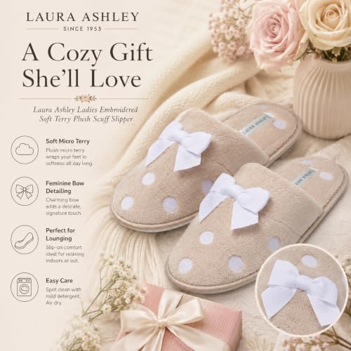 Image of Laura Ashley Ladies Embroidered Soft Terry Plush Scuff Slipper