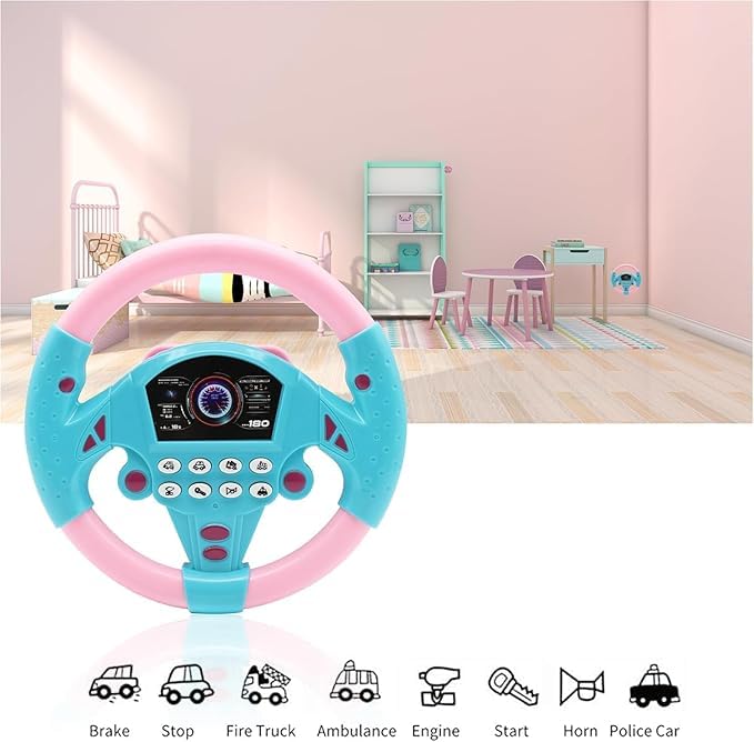 Image of Kids Driving Steering Wheel Funny Interactive Driving Wheel with Music (Pink Blue)