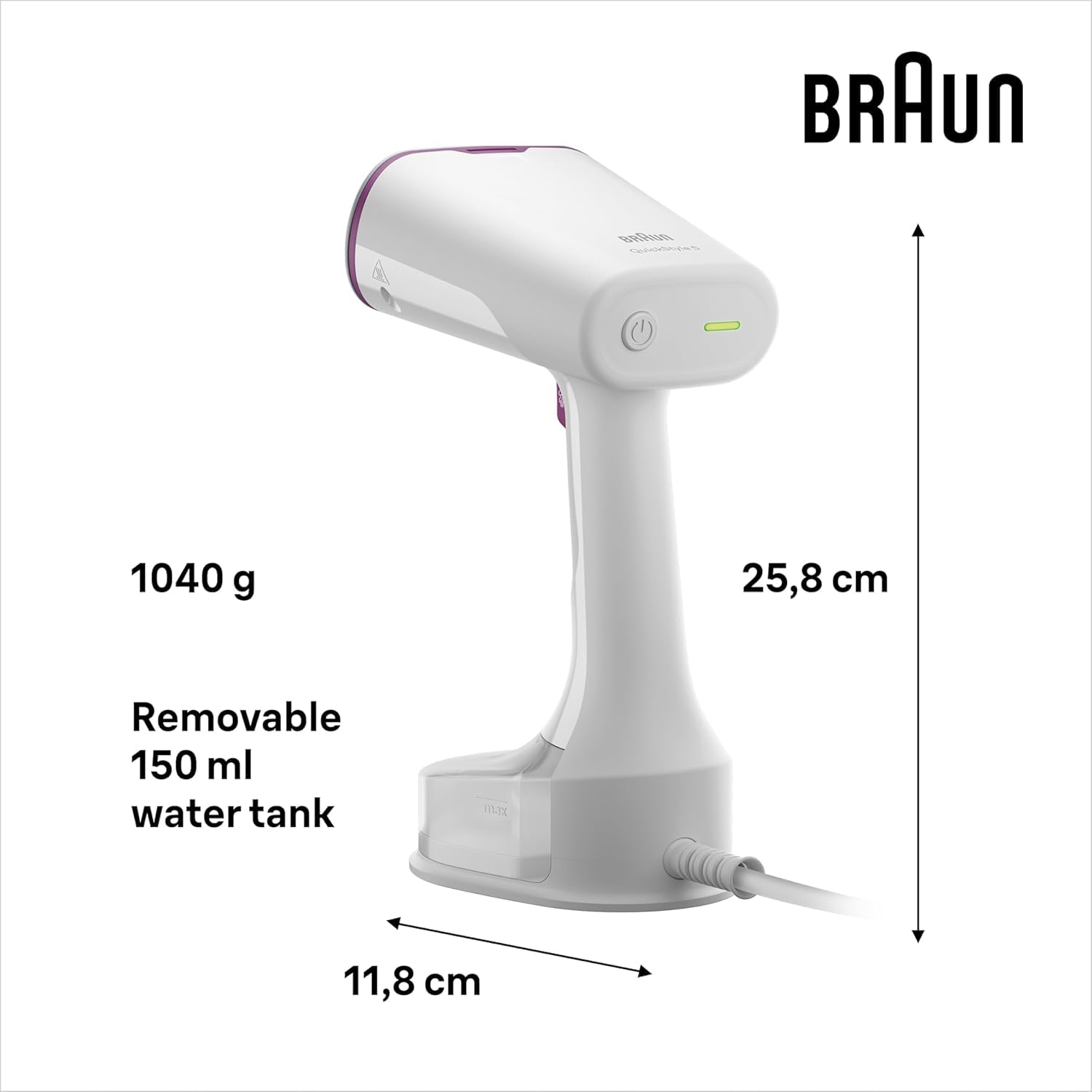 Braun QuickStyle 5 GS5011PU, pierwsza na świecie pionowa prasownica z technologią 3D Dual FreeGlide, szybkie ogrzewanie, para 22 g/min, pojemność zbiornika 150 ml, 1200 W, biały/fioletowy
