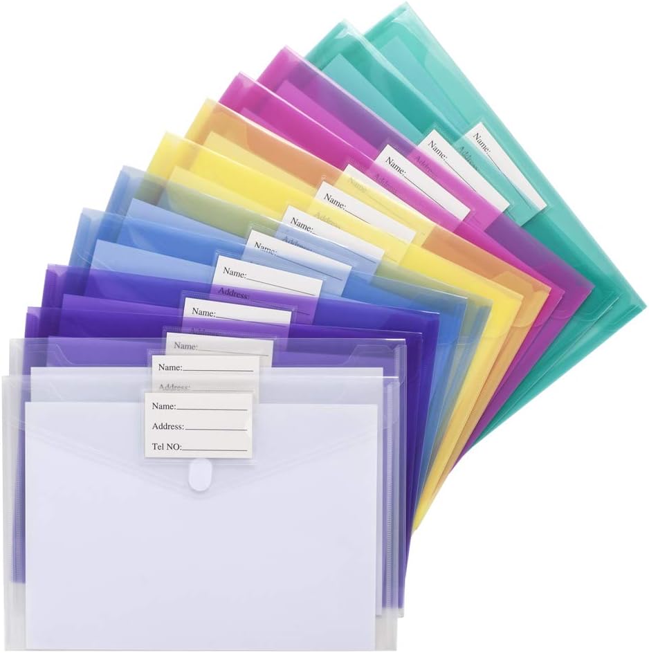 Sooez 24 Pack Plastic Envelopes Poly Envelopes, Clear Document Folders US Letter A4 Size File Envelopes with Label Pocket for Home Work Office Organization, Assorted Color : Office Products