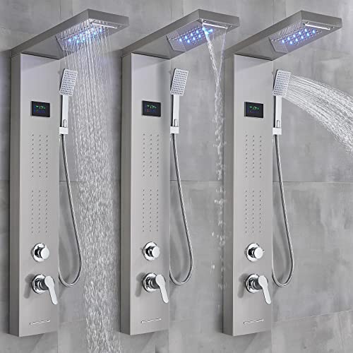 Columna de Ducha de Acero Inoxidable con Panel LED, Sistema Antilluvia y Masaje, Acabado Mate, para Montaje en Pared miniatura 4