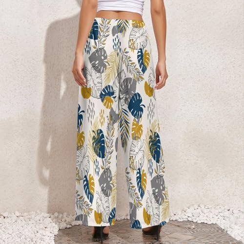 VOSERY Palazzo Pants for Women - Hawaiian Style Gold Leaves Comfy Casual Womens Wide Leg Pants Baggy Lounge Pants4