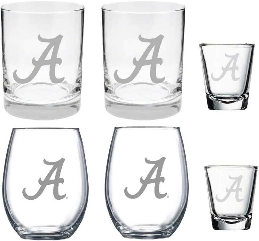 Clemson 6 Piece Satin Etched Glass Combo Set -Includes 2 Wine, 2 Rock/Whiskey and 2 Shot Glasses