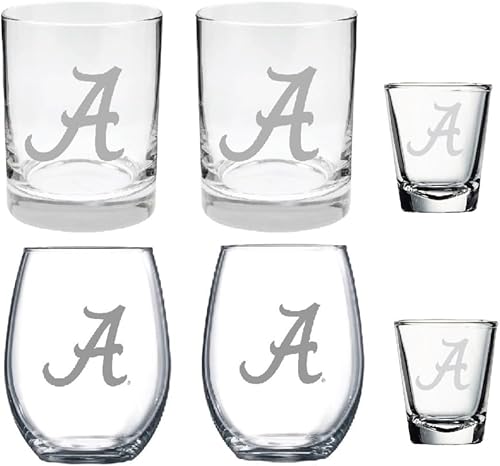 Miniatura 1 de Alabama Crimson Tide - Juego combinado de 6 piezas de vidrio grabado satinado, incluye 2 vino, 2 rocawhisky y 2 vasos de chupito