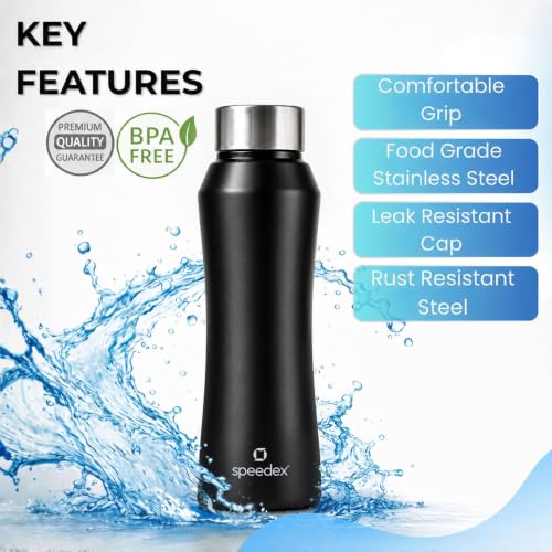 Image of Speedex Stainless Steel Water Bottle 1 Ltr, Leak Proof Screw Cap, BIS Approved 1000 ml Metal Bottle For Daily, Office, School, Gym, Travel Use for Men, Women, Kids, Adults, Black, Set of 1