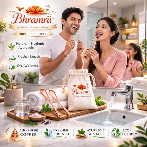 Image of Copper Tongue Scraper Pack of 2 - Ayurvedic Tongue Cleaner for Bad Breath & Fresh Breath - 100% Pure Copper with Travel Pouch - Tongue Scraper for Adults