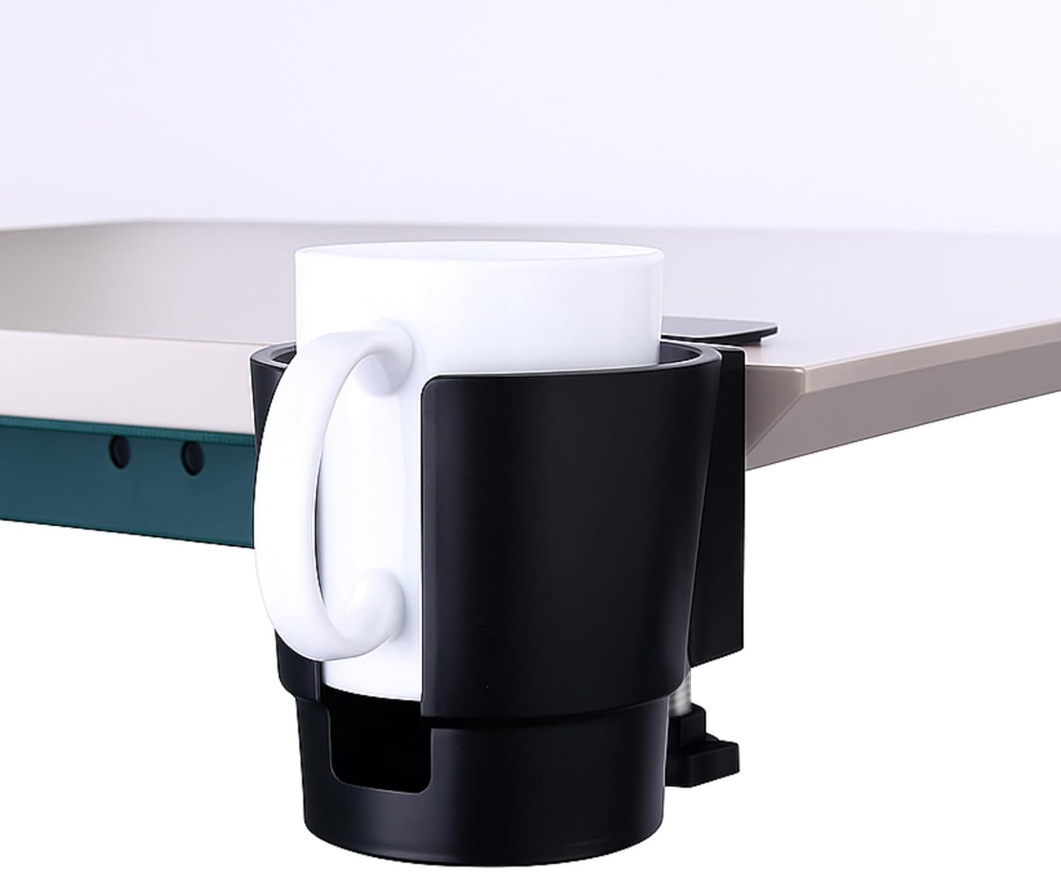 Universal Large Desk Cup Holder Clamp on, Heavy Duty Plastic Drink Holder for Table, Porch Swing, Patio Chair, Clip On Anti-Spill Bottle Holder for Most Cups, Bottles, Cans, Tumbles, Black, Pack of 2