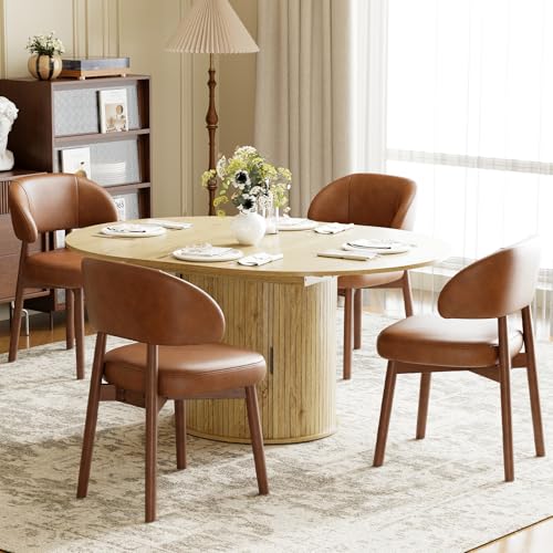 Image of MALOL 47 inch-63 inch Extendable Round to Oval Dining Table Chairs Set for 4-8, Modern Wooden Kitchen Table and Chairs with Hidden Storage and Fluted Design for Dining Room /Small Space(Natural Wood and Brown)
