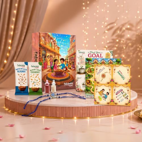 Image of Fabeato Raksha Bandhan Gift Box | Rakhi Hamper with Healthy Snacks |2 Rakhis| Roli Chawal |Goal Card | Activity Game