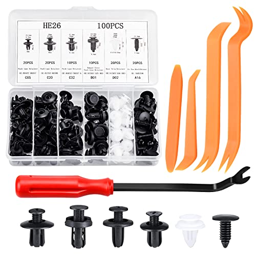 100 Pièces Rivet Clips Plastique Rivets Plastiques Fixation de Protection avec Multi Formes et Tailles Universel pour Auto Voitures Panneaux de Portes avec Outil de Suppression(Noir, Blanc)