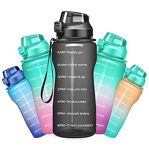 Ahape Gallon Motivational 64 100 oz Water Bottle with Time Marker & Straw, Large Daily Water Jug for Fitness Gym Outdoor Sports, Remind of All Day Hydration, Leak Proof, BPA Free (black, 100oz)