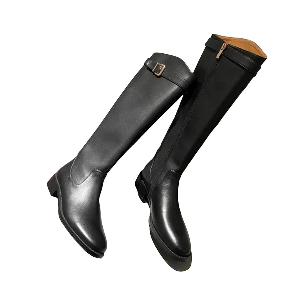 Womens Slim Knee High Boots Fashion Belt Buckle Low Heel Autumn Long Booties
