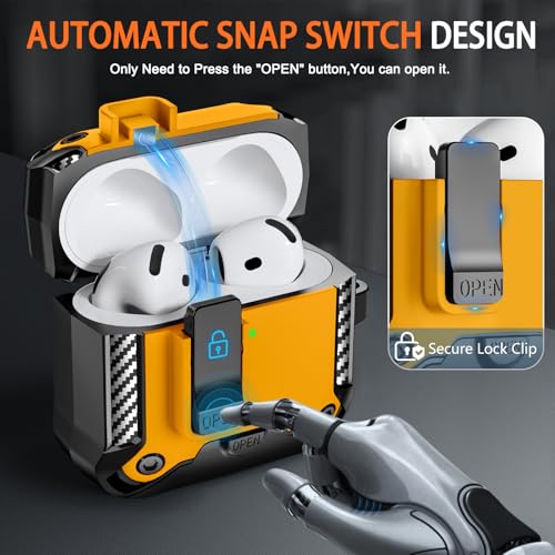 Image of for AirPods 4 Case with Lock & Phone Stand(Yellow) | Automatic Snap Switch Lock,Carbon Fiber Texture Design Cover with Cleaner Kit