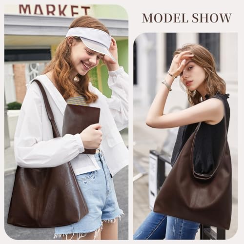 Image of Leather Hobo Bags for Women Slouchy Tote Bag Retro PU Leather Purse Soft Shoulder Handbags Large Work Tote Bag 2pcs