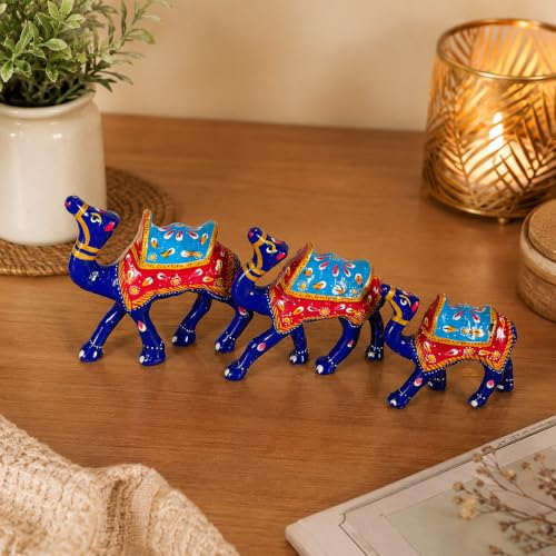 Image of eCraftIndia Handcrafted Multicolor Camel Showpiece Set of 3 for Home Decor | Traditional Rajasthani Miniature Camel Figurines | Decorative Table Accent, Office Desk & Gifting Item
