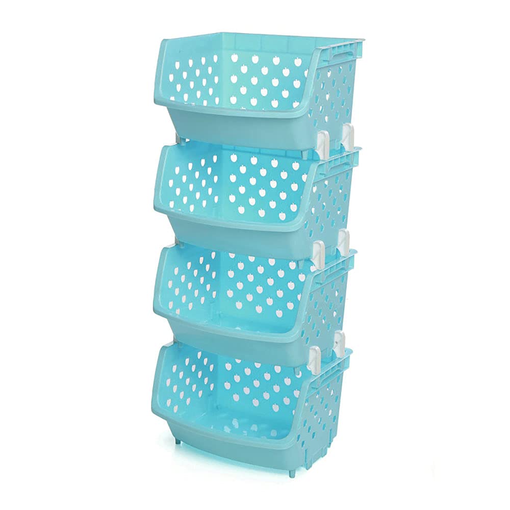 JJONE 4-Pack Stackable Storage Bins, Plastic Baskets Rack, Kitchen Storage Shelf Baskets, Stacking Stand Organizer for Kitchen Bathroom Vegetable Fruit Food Organizer (Blue)