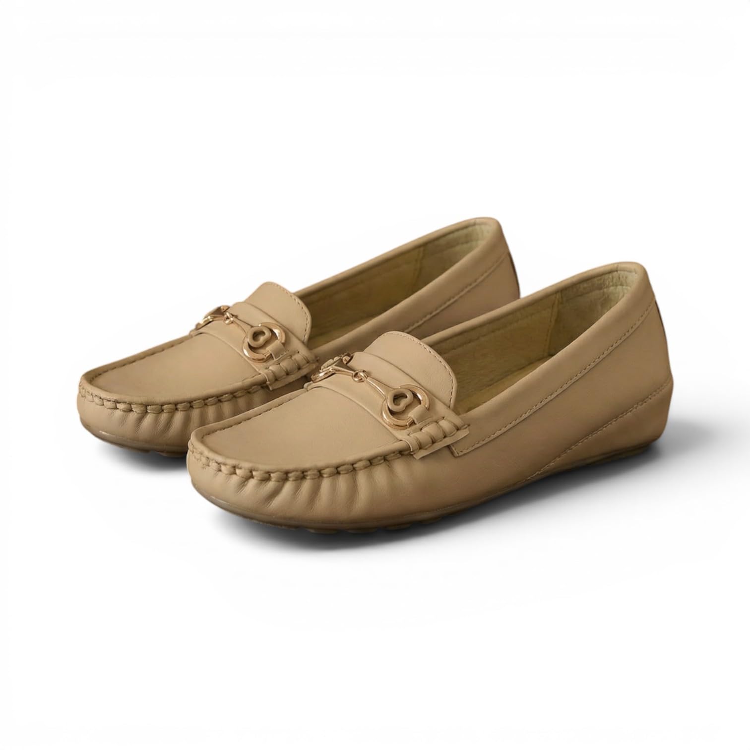 Women's Beige Driving Loafers | Comfortable Slip-On Casual Flats | Lightweight Cushioned Office Wear Moccasins with Metal Horsebit Detail-image-28